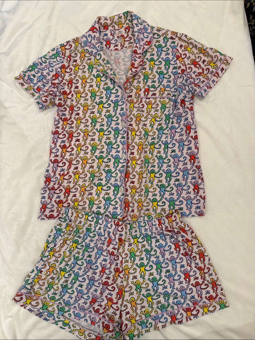 Kids Rainbow Monkey Print Short Pajama Set - White Multicolor